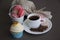 Sweet cupcake, macarons and espresso