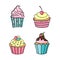 Sweet cupcake. Set of hand drawn cupcakes. Doodle cakes with cream and berries. Vector illustration