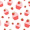 Sweet cupcakes with strawberries, seamless pattern backgrond. Set of sweets with pink strawberry cream. Delicious dessert holiday