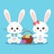 Sweet and cute pair of white bunny rabbits boy and girl in sitting pose with basket