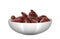 Sweet date fruits realistic in white porcelain bowl. Healthy dried dessert for vegetarian nutrition