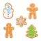 Sweet decorated new year gingerbread cookies icons set. Christmas tree and snowflake, ginger man, snowman.