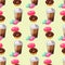 Sweet delicious macaroons coffee cup morning bakery seamless pattern dessert pastry fresh drink cappuccino vector