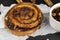 sweet delicious puff pastry with chocolate pieces in caramel