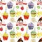 Sweet delicious watercolor pattern with cupcakes.