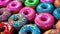 Sweet Delights: Assorted Colorful Donuts on Wooden Surface