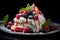 Sweet dessert adorned with a medley of fresh fruits, a tantalizing combination of flavors and textures on plate. AI Generated