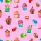 Sweet dessert collection on pink isolate background. Cupcake and macaroon