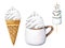 Sweet dessert ice creams, gelato, ice-cream cone and popsicle. Hot drink cup with whipped cream. Christmas