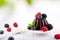 Sweet dessert jelly pudding with berries raspberries blackberries blueberries on white plate