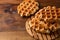 Sweet dessert. Viennese waffle close-up on a wooden background.