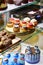 Sweet desserts and cakes in a vitrine of a cafe