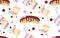 Sweet Desserts Seamless Pattern. eclairs, drinks on a gentle light background