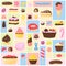 Sweet desserts set, confectionery collection with cake muffin cupcake jelly candy donut