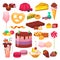 Sweet desserts set of isolated vector illustrations. Cake with cream, chocolate, pastry, bakery and desserts, donut