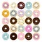 Sweet donut set of traditional american sweet dessert with colorful glaze and sprinkles isolated on a white for menu