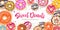 Sweet donuts.Colorful glazed pastries background. Honey,strawberry,chocolate and caramel toppings bakery with