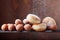 Sweet donuts powdered with sugar on a brown background.