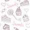 Sweet doodle pattern with cupcakes, cakes, candies and hearts. Vector hand drawn seamless pattern