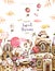 Sweet dream watercolor illustration. Confectionery. A fun holiday. Castle cake, caramel, candy, balloons, cake