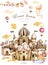 Sweet dream watercolor illustration. Confectionery. A fun holiday. Castle cake, caramel, candy, balloons, cake