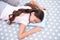 Sweet dreams. Girl child long hair fall asleep on pillow close up. Quality of sleep depends on many factors. Choose