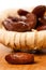 Sweet dried dates fruit in small bowl, mediterranean desert