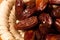 Sweet dried dates fruit in small bowl, mediterranean desert on w