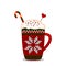 Sweet drink with a cup of cocoa or latte in a knitted winter cup.
