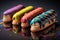 Sweet eclairs with creamy multi-colored decor, black background. Generative AI