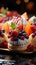 Sweet ensemble colorful cakes, desserts, and fresh fruits create a delectable background