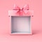 Sweet exhibition booth blank gift box stand with pink pastel color ribbon bow isolated on pink background