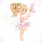 Sweet fairy in a pink tutu holding a large butterfly on the finger