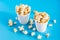 Sweet fast food. Caramel popcorn in paper cups on blue background. Close-up