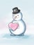 Sweet Fluffy Snowman in Love. Cute Illustration with White Snowman in Black Hat Holding Big Pink Heart.