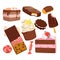 Sweet food with chocolate flavor set, pieces of biscuit and cake with cream, bars, candy