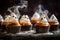 Sweet food for Halloween - Ghost cupcakes decorated with Halloween-inspired decorations, in the style of dark orange and dark