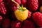 Sweet fresh organic raspberries background closeup, selective focus, free space. Macro photo. One yellow raspberry on red.