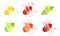 Sweet Fruits and Berries with Splashes Set, Melon, Cherry, Gooseberry, Lime, Orange, Pomegranate Vector Illustration
