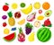 Sweet fruits isolated vector illustration set. Banana, pineapple, apple, mango and kiwi, grapefruit, peach, pear. Whole