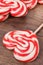 Sweet funny lollipop in shape of heart. Surprise for child. Memory of childhood