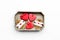 Sweet gift on Valentine`s Day. Heart shaped cookies and bear with lettering I love you on white background top view copy