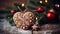 Sweet ginger Christmas cookies in the shape of heart with a white glaze ornament on a New Year\\\'s background