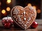 Sweet ginger Christmas cookies in the shape of heart with a white glaze ornament on a New Year\\\'s background