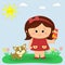 A sweet girl in a red dress and a bow holding ice cream. A Cogi puppy is sitting next to him. Glade with tulips, sun and