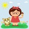 A sweet girl in a red dress and glasses is holding ice cream. A Cogi puppy is sitting next to him. Glade with tulips