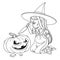 Sweet girl in witch costume sitting on the floor with a knife and cut the lantern from a pumpkin