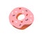 Sweet glazed donut. Doughnut with pink icing and sprinkles. Round dessert with hole. Sugar food. Dough pastry with