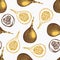 Sweet granadilla background. Tropical hand drawn illustration. Engraved botanical sketch. Passionfruit seamless pattern.