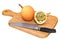 Sweet granadilla lies on a wooden board next to a knife, 3D rendering